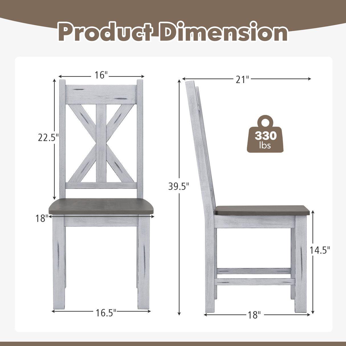 Farmhouse Chair Set of 2 with Rubber Wood Frame and Elegant Hollowed Backrest-Gray