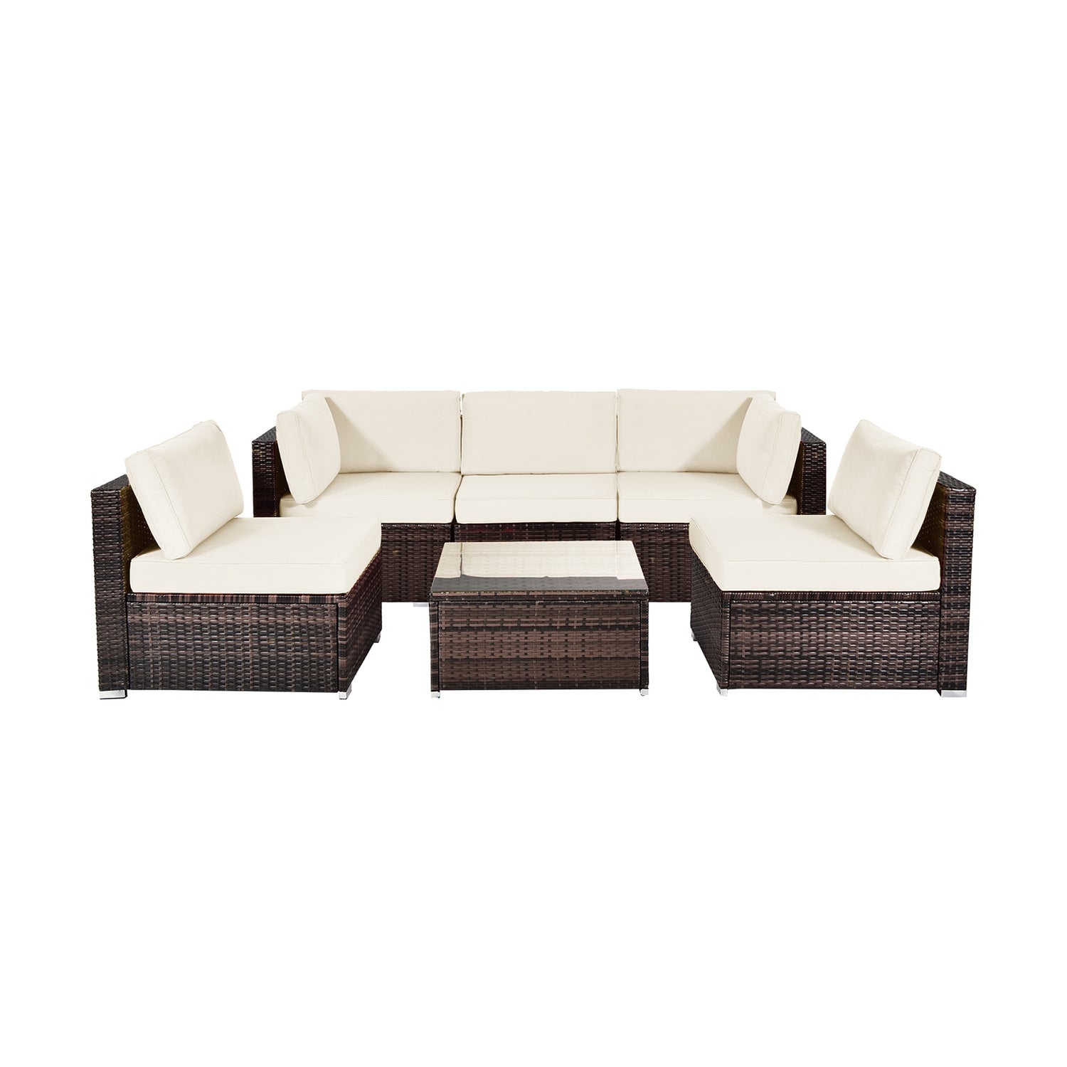 6 Pieces Patio Rattan Furniture Set with Cushions and Glass Coffee Table