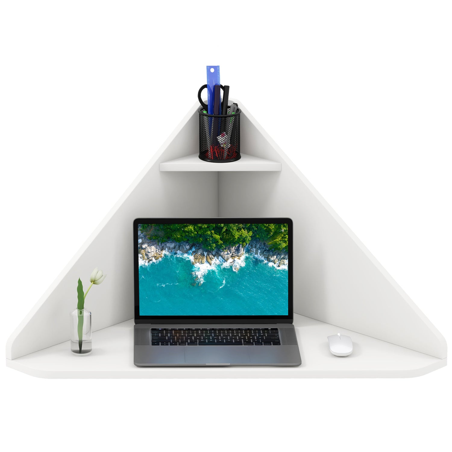 Floating Triangular Corner Computer Desk with Storage Shelf