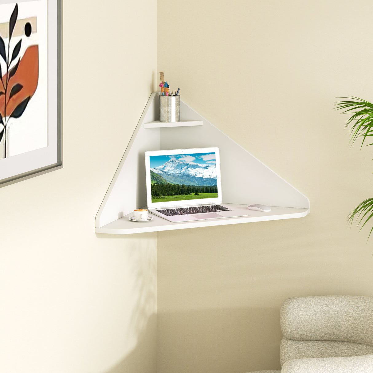 Floating Triangular Corner Computer Desk with Storage Shelf