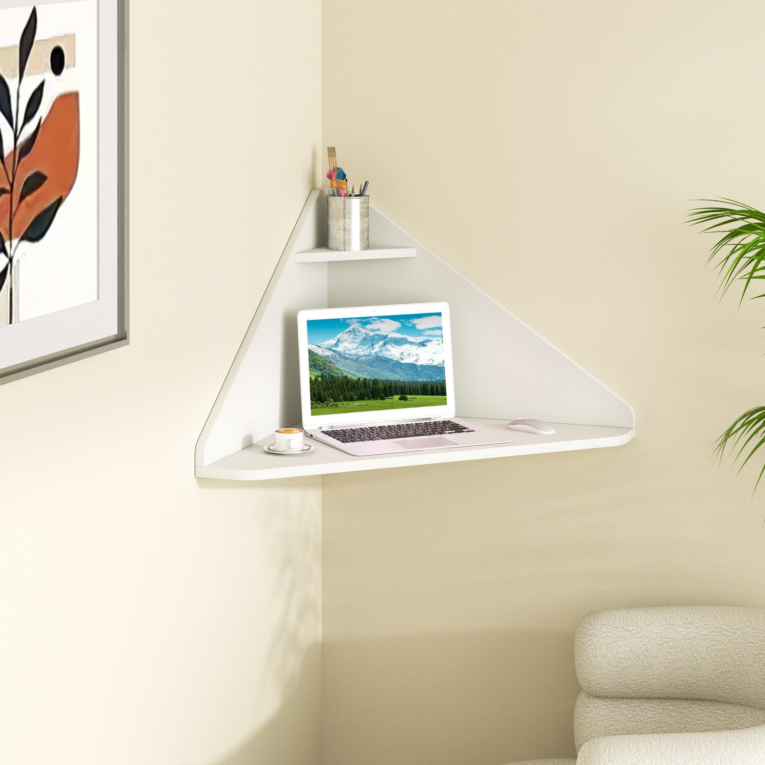 Floating Triangular Corner Computer Desk with Storage Shelf