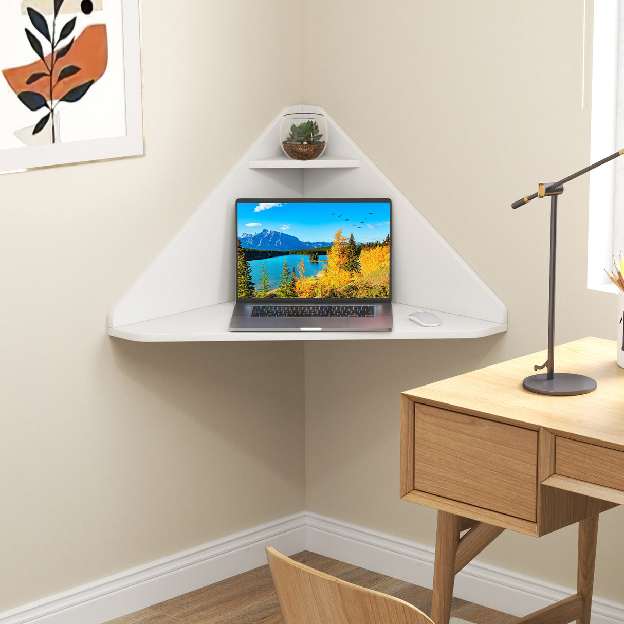 Floating Triangular Corner Computer Desk with Storage Shelf