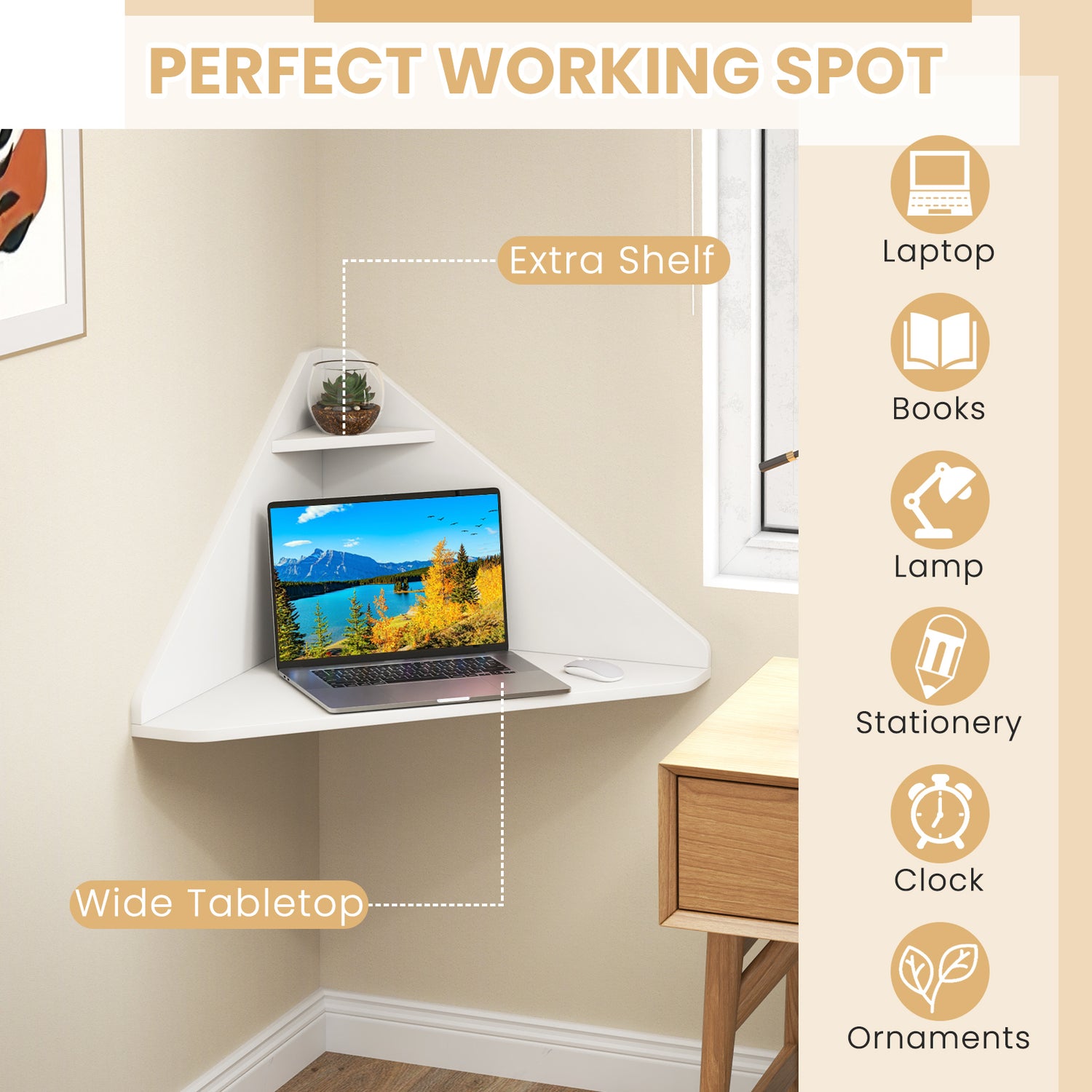 Floating Triangular Corner Computer Desk with Storage Shelf