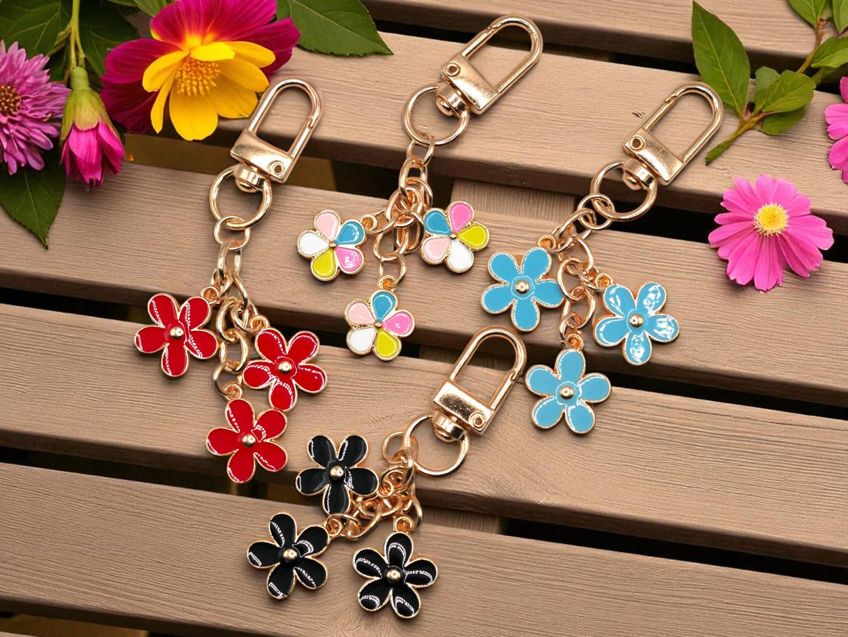 Three Flower Strand Metal Keychain and Bag Charm