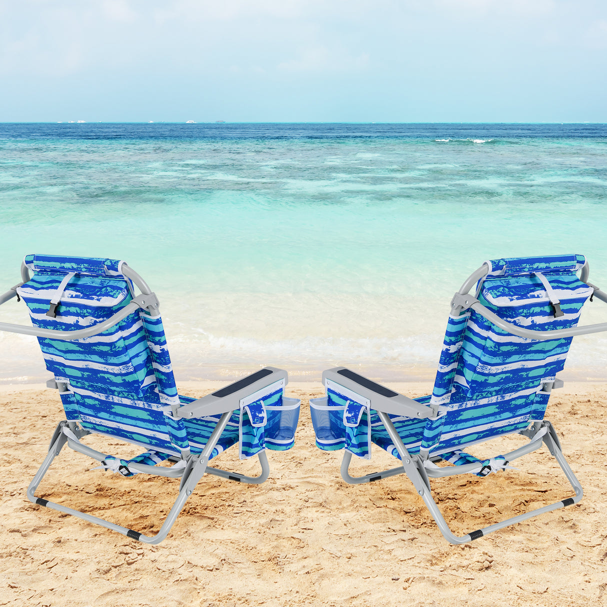 Foldable Backpack Beach Chair with Cup Holder and Storage Pockets Set of 2