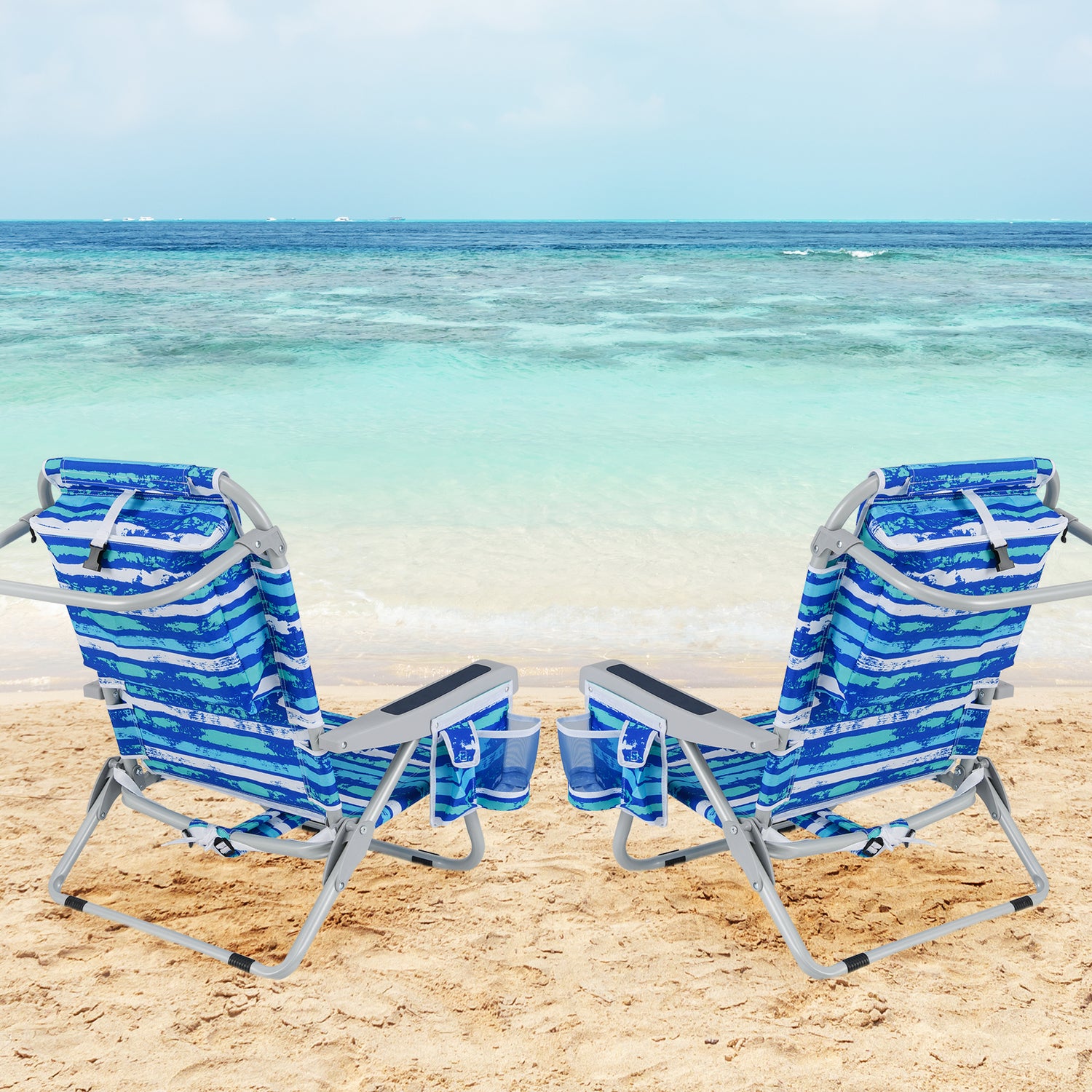 Foldable Backpack Beach Chair with Cup Holder and Storage Pockets Set of 2
