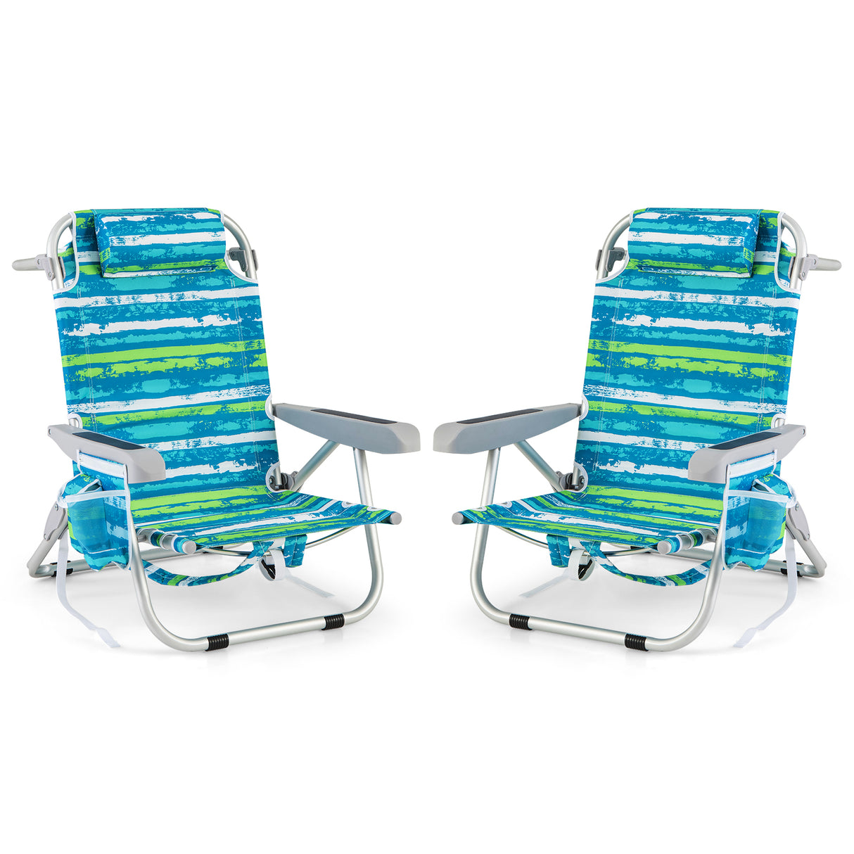 Foldable Backpack Beach Chair with Cup Holder and Storage Pockets Set of 2