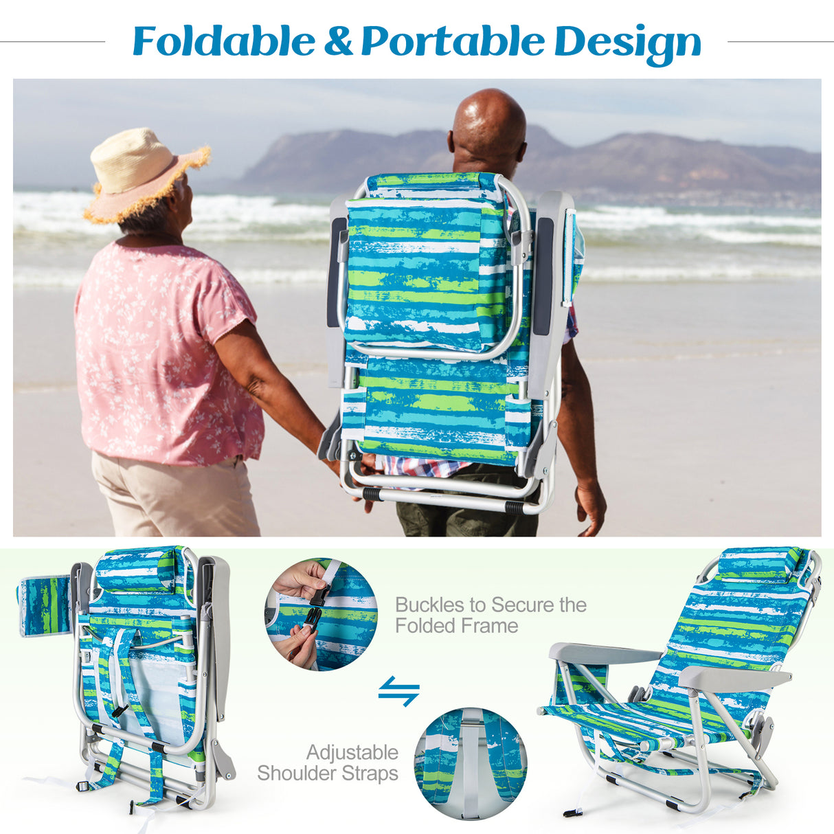 Foldable Backpack Beach Chair with Cup Holder and Storage Pockets Set of 2