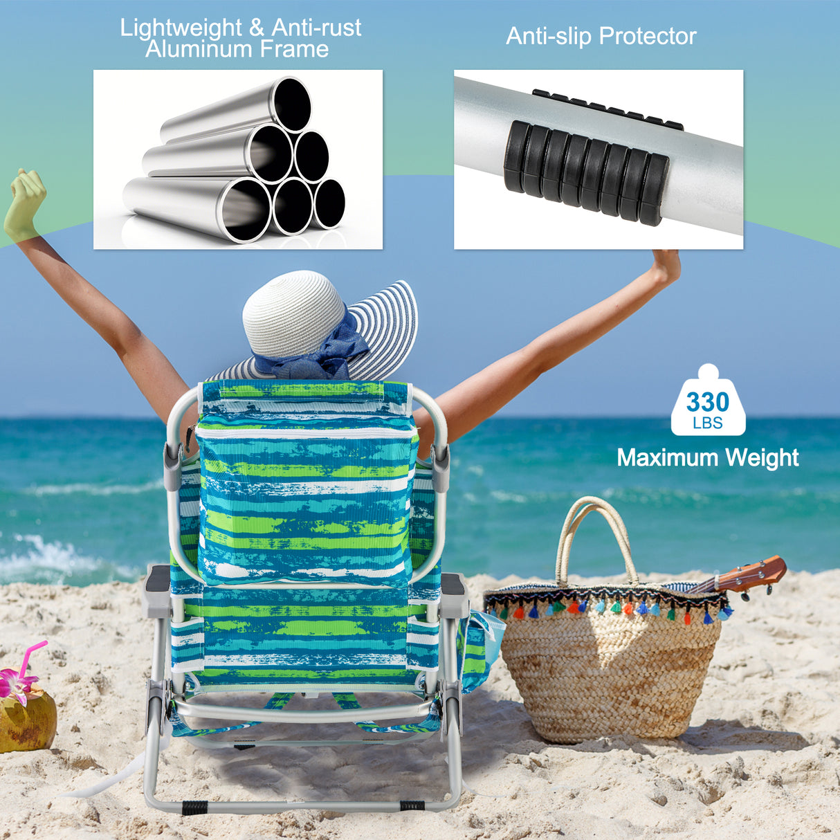 Foldable Backpack Beach Chair with Cup Holder and Storage Pockets Set of 2