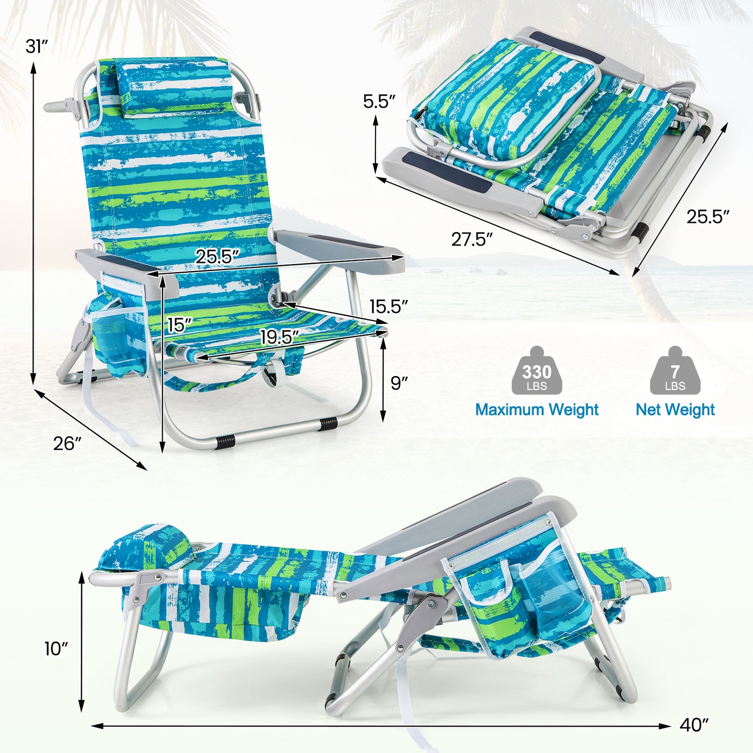 Foldable Backpack Beach Chair with Cup Holder and Storage Pockets Set of 2