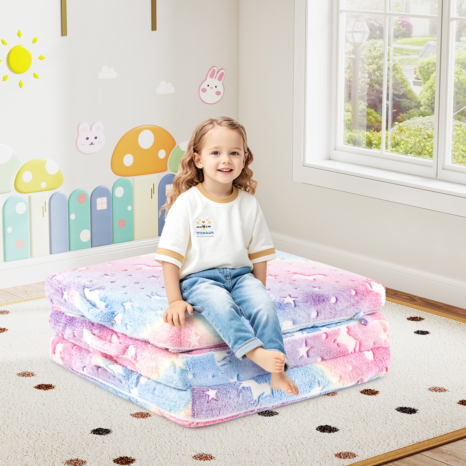 Foldable Floor Mattress for Kids with Washable Flannel Cover
