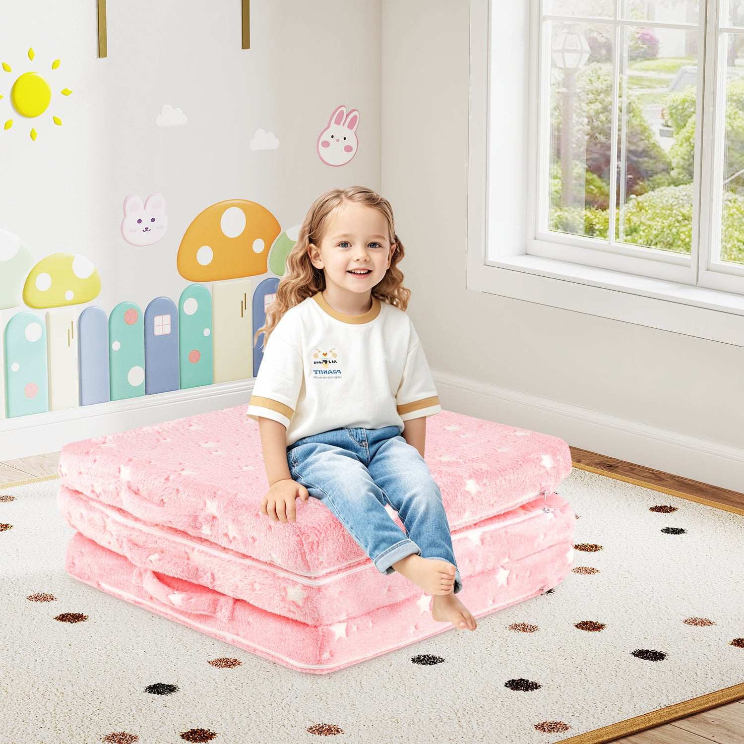 Foldable Floor Mattress for Kids with Washable Flannel Cover