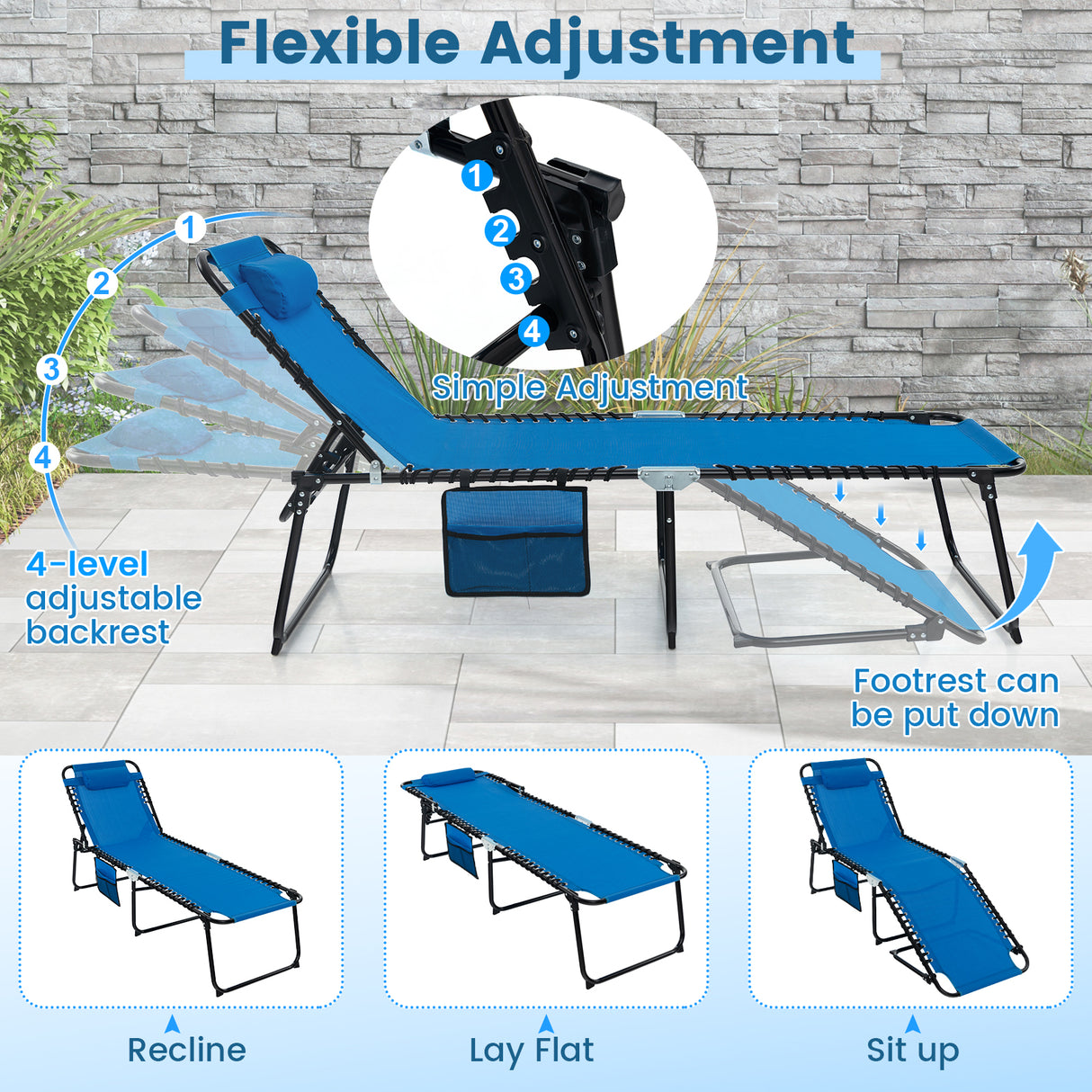 Foldable Recline Lounge Chair with Adjustable Backrest and Footrest