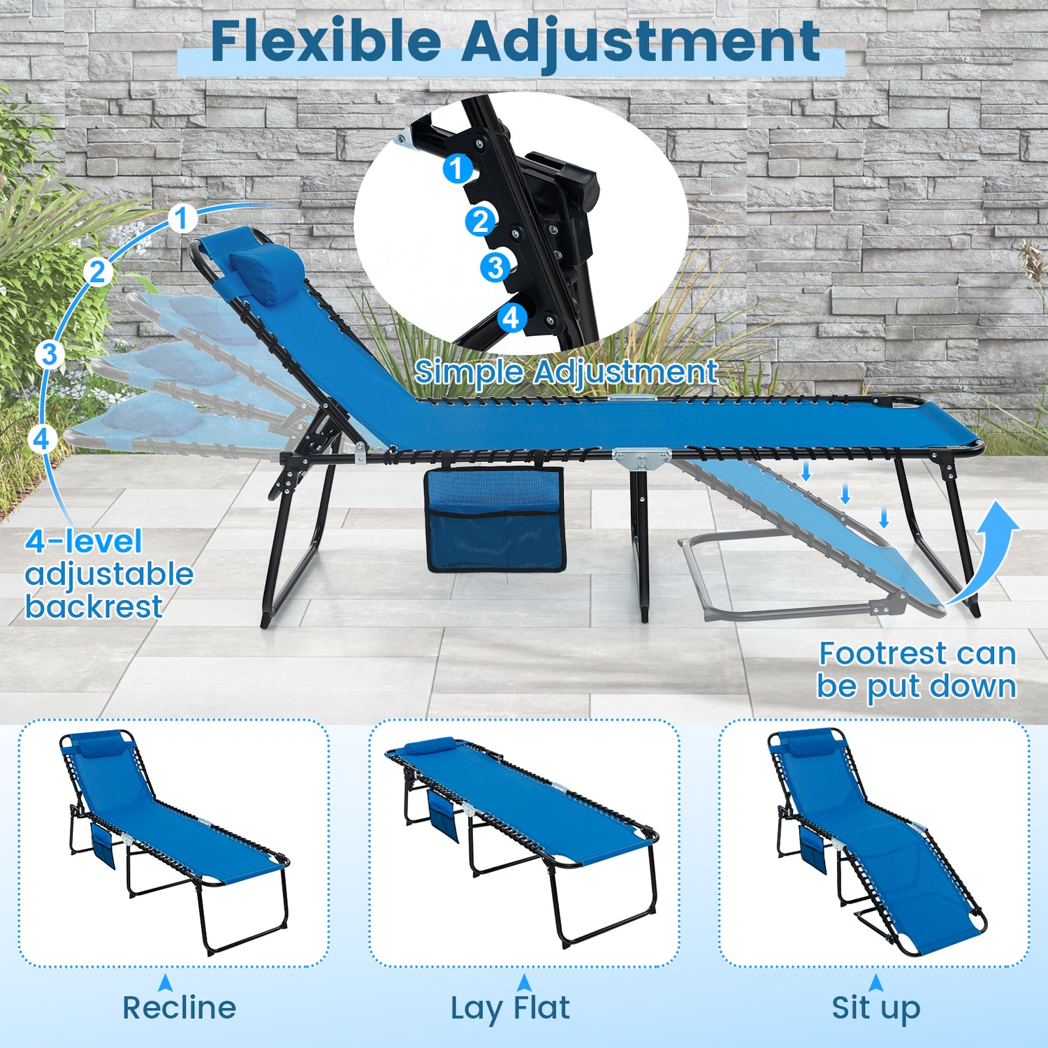 Foldable Recline Lounge Chair with Adjustable Backrest and Footrest