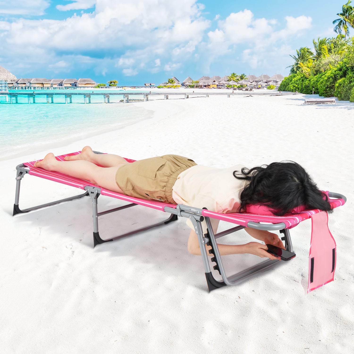 Folding Beach Lounge Chair with Pillow for Outdoor