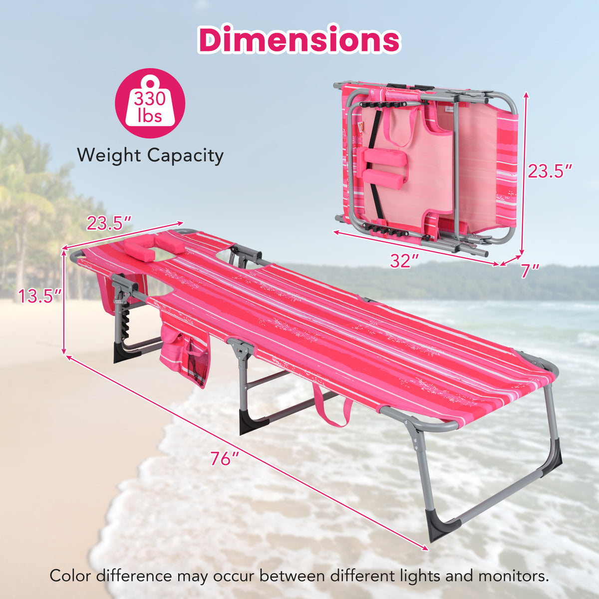 Folding Beach Lounge Chair with Pillow for Outdoor
