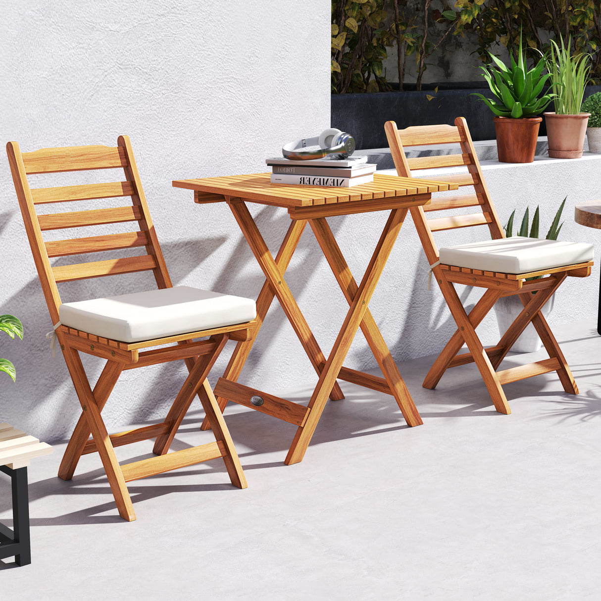 Folding Chair Table Set with Soft Seat Cushions and Table-White