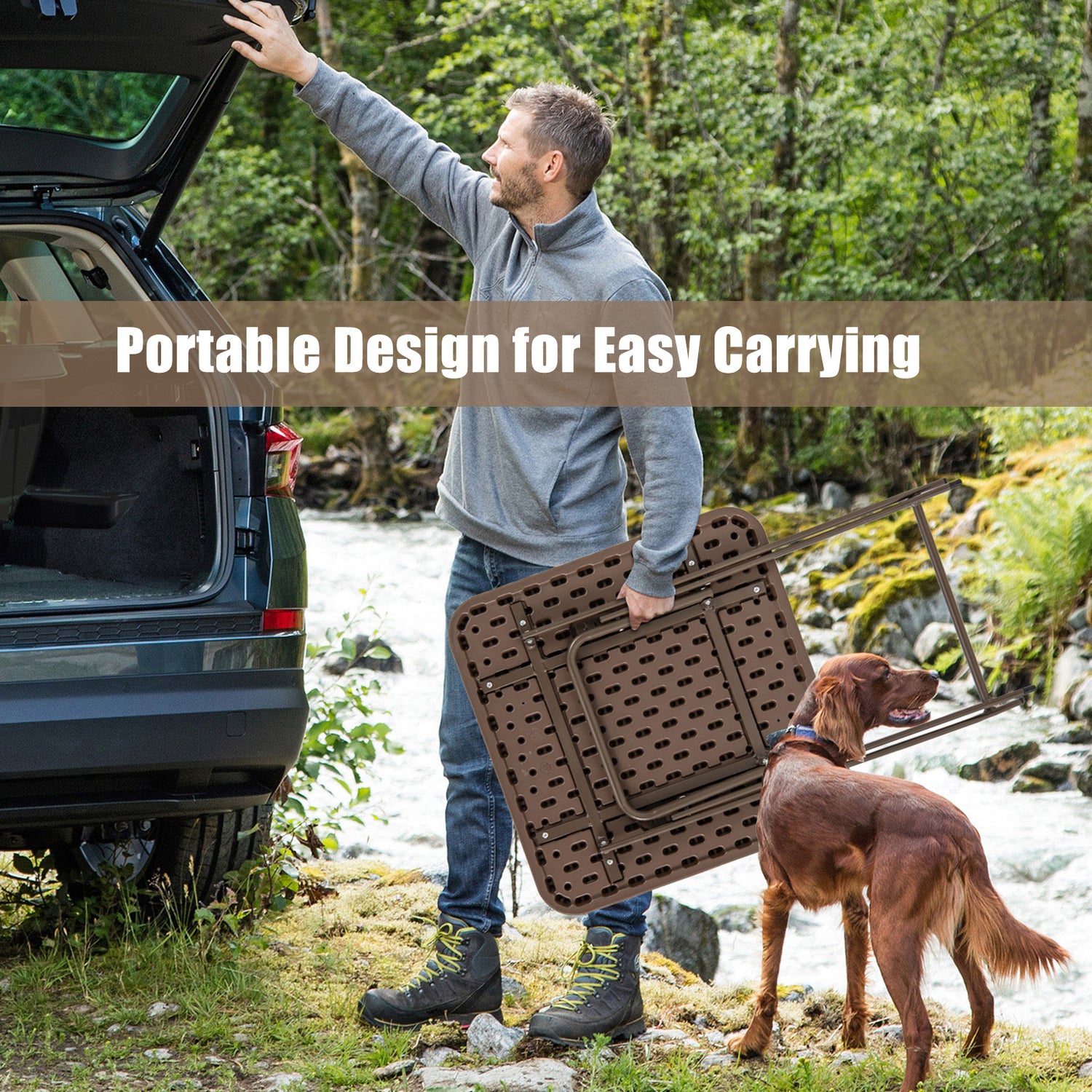 Folding Picnic Table with Rattan Grain HDPE Tabletop and Sturdy Metal Fame-Coffee