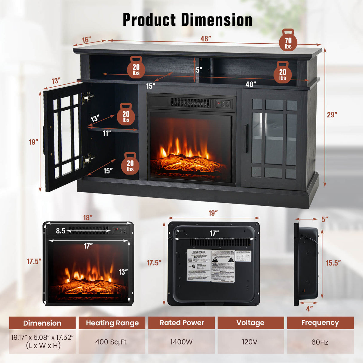 48 Inch Electric Fireplace TV Stand with Cabinets for TVs Up to 55 Inch