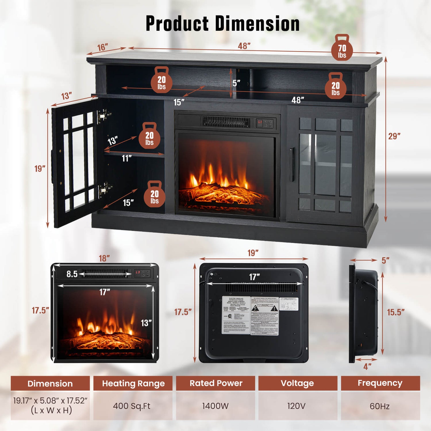 48 Inch Electric Fireplace TV Stand with Cabinets for TVs Up to 55 Inch