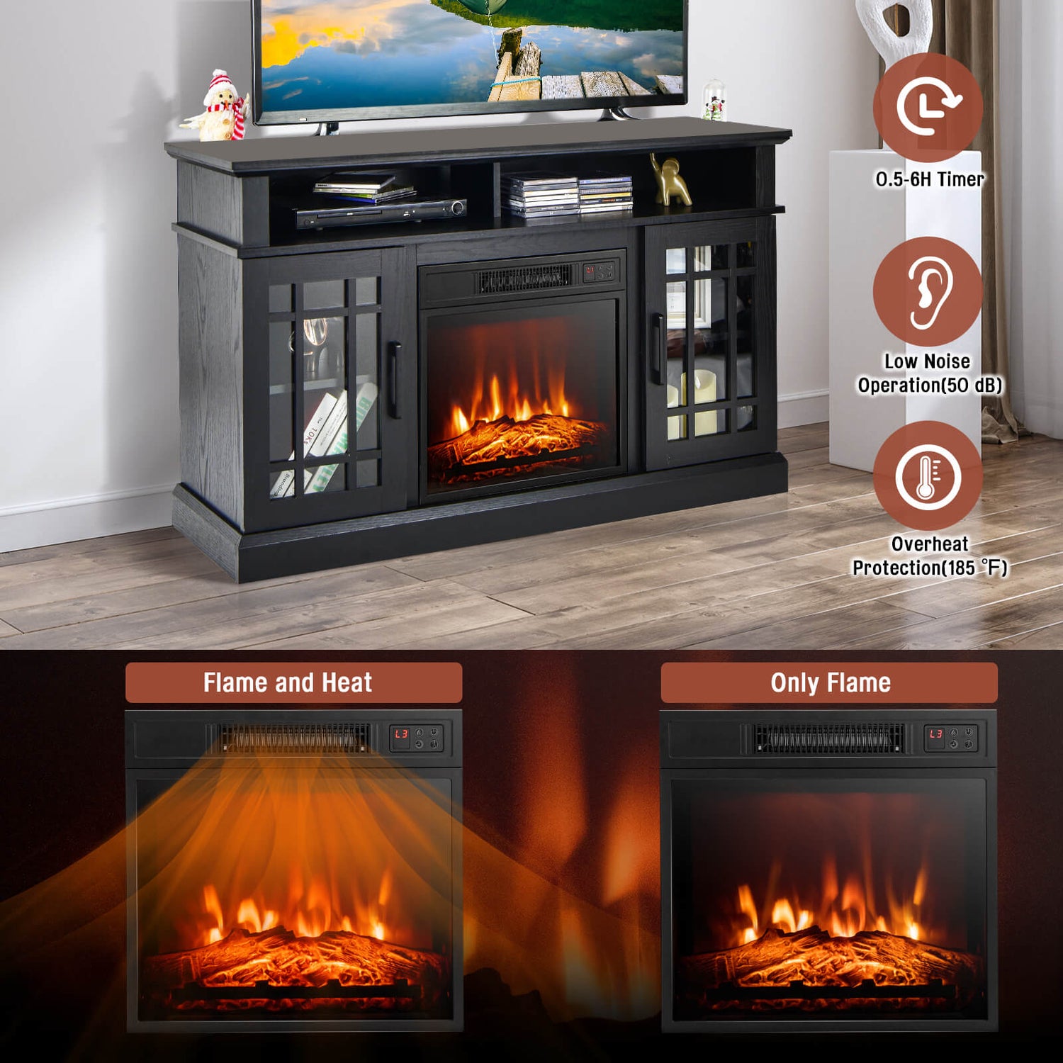 48 Inch Electric Fireplace TV Stand with Cabinets for TVs Up to 55 Inch