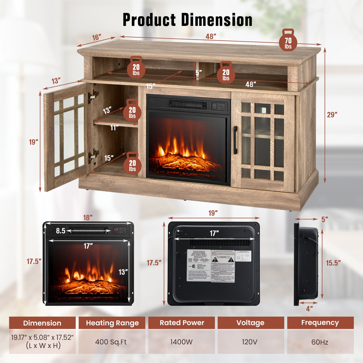 48 Inch Electric Fireplace TV Stand with Cabinets for TVs Up to 55 Inch