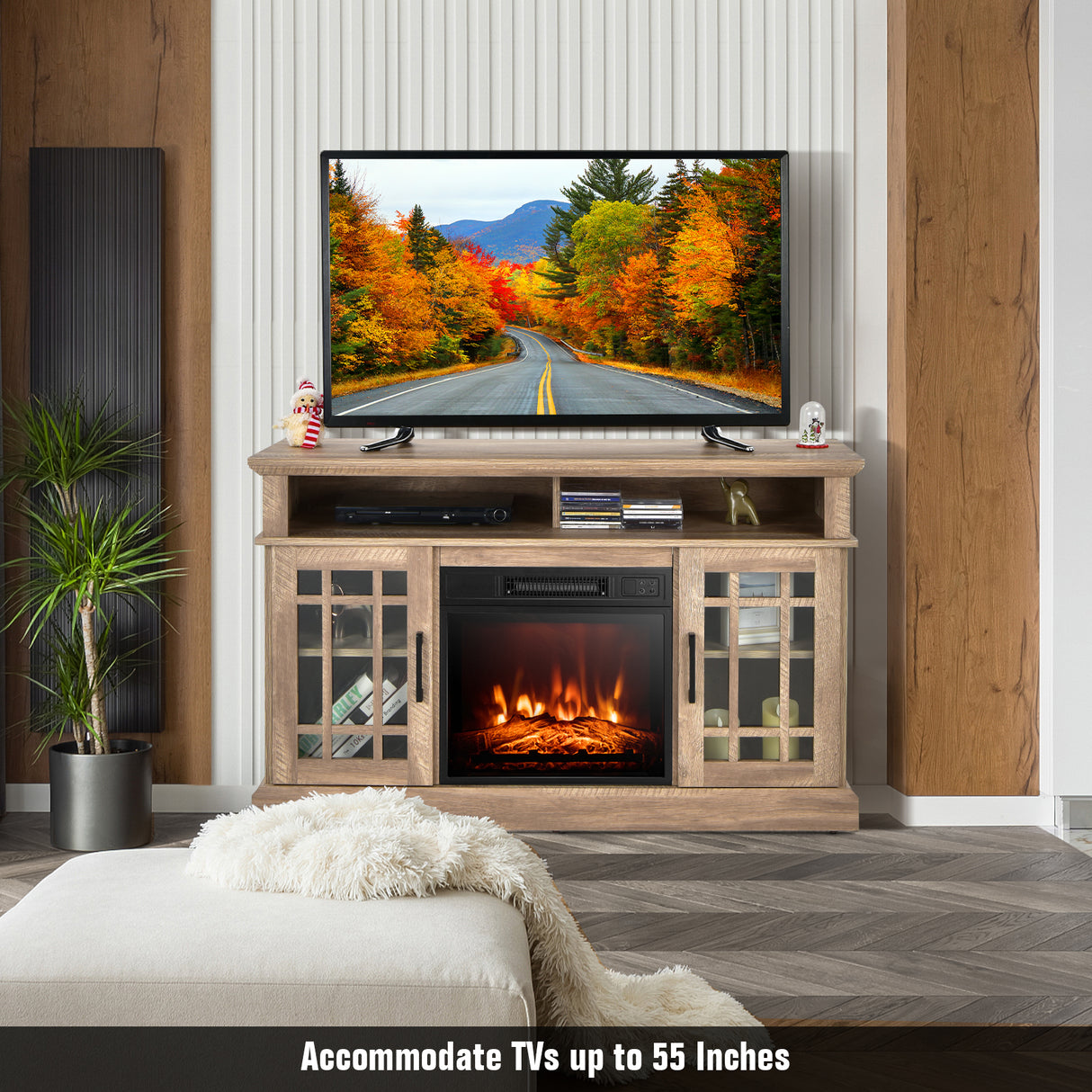 48 Inch Electric Fireplace TV Stand with Cabinets for TVs Up to 55 Inch