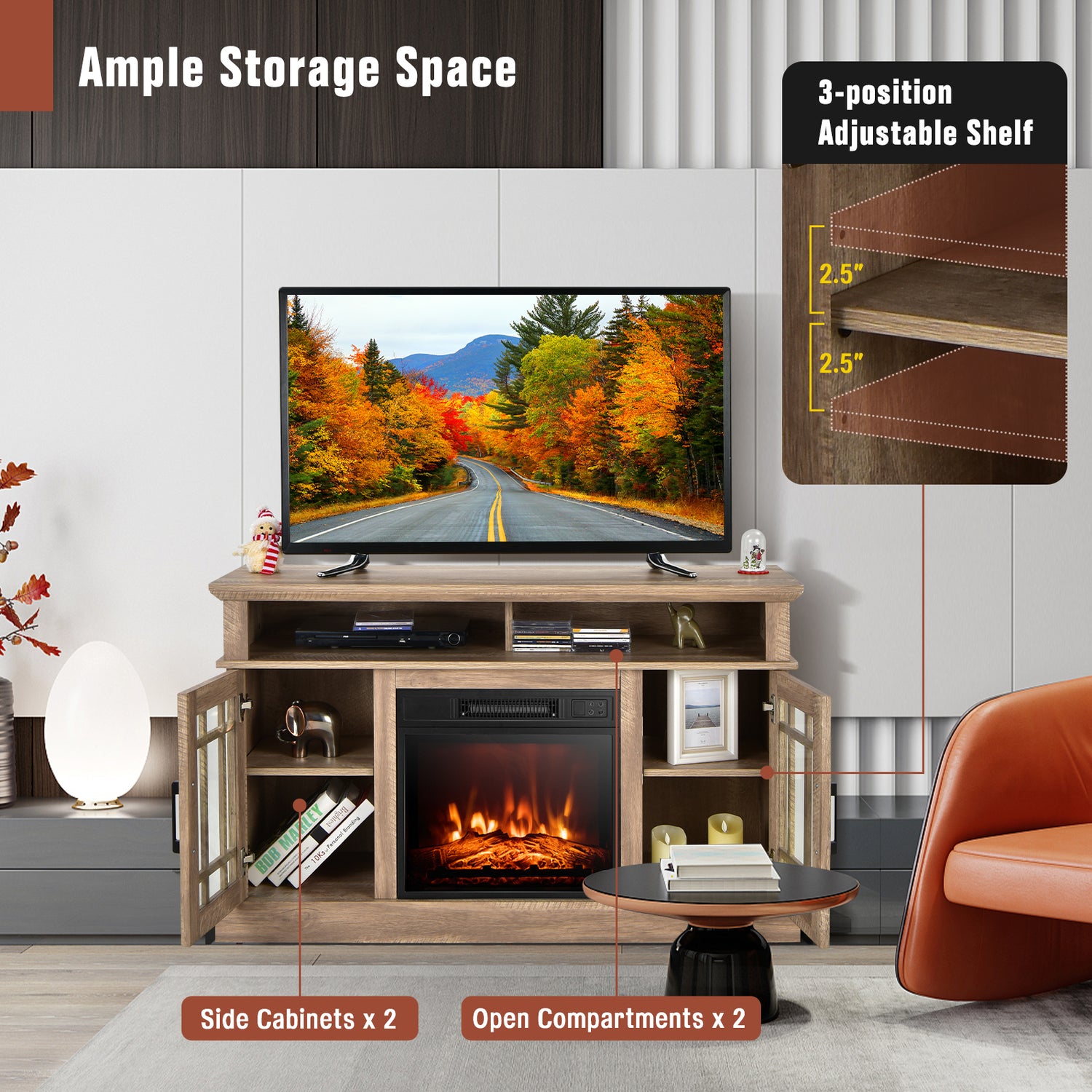 48 Inch Electric Fireplace TV Stand with Cabinets for TVs Up to 55 Inch