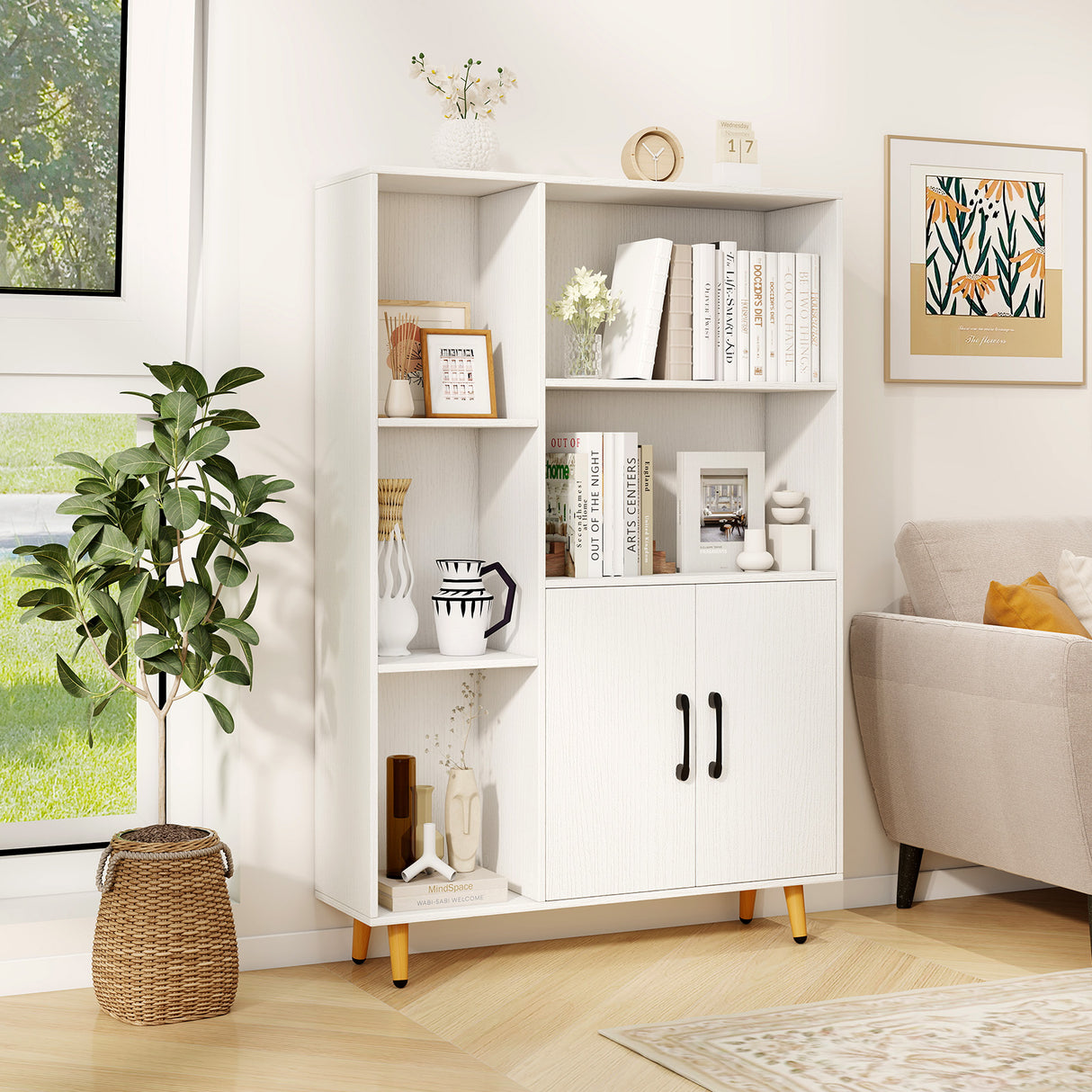 Free Standing Pantry Cabinet with 2 Door Cabinet and 5 Shelves