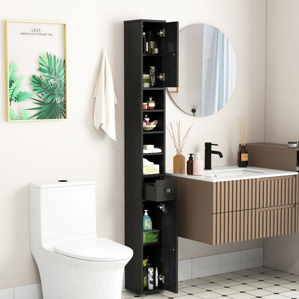 Freestanding Slim Bathroom Cabinet with Drawer and Adjustable Shelves