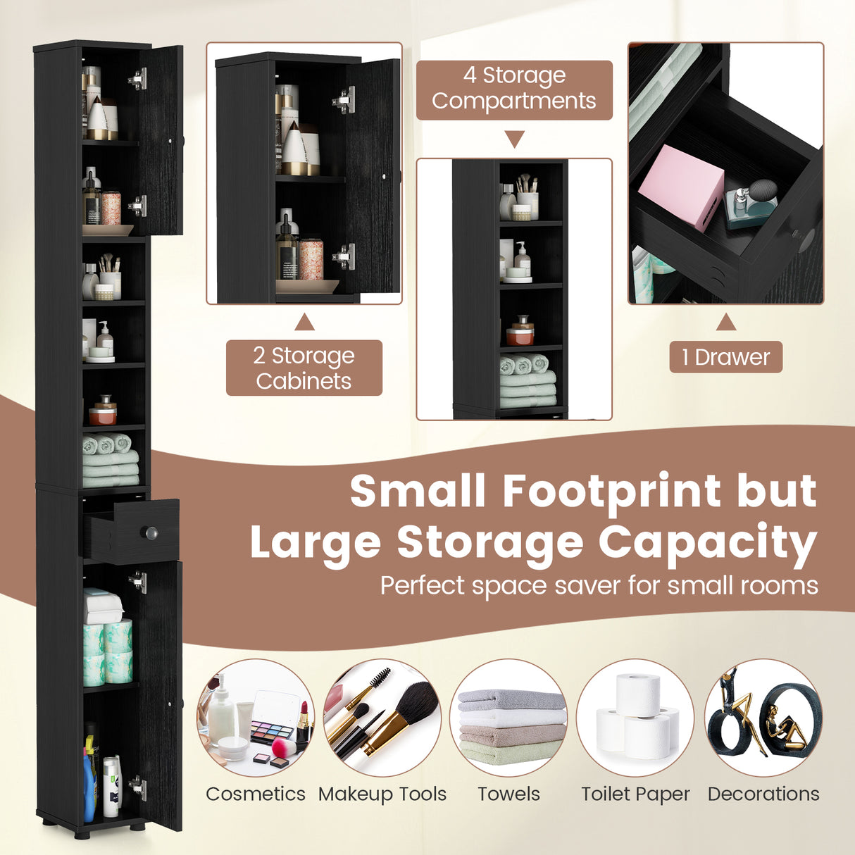 Freestanding Slim Bathroom Cabinet with Drawer and Adjustable Shelves