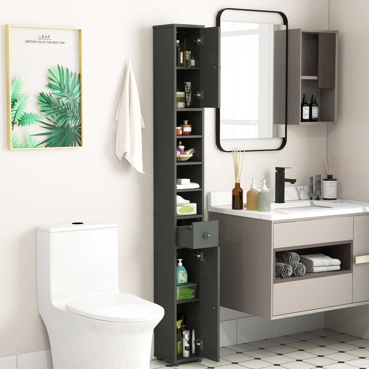 Freestanding Slim Bathroom Cabinet with Drawer and Adjustable Shelves