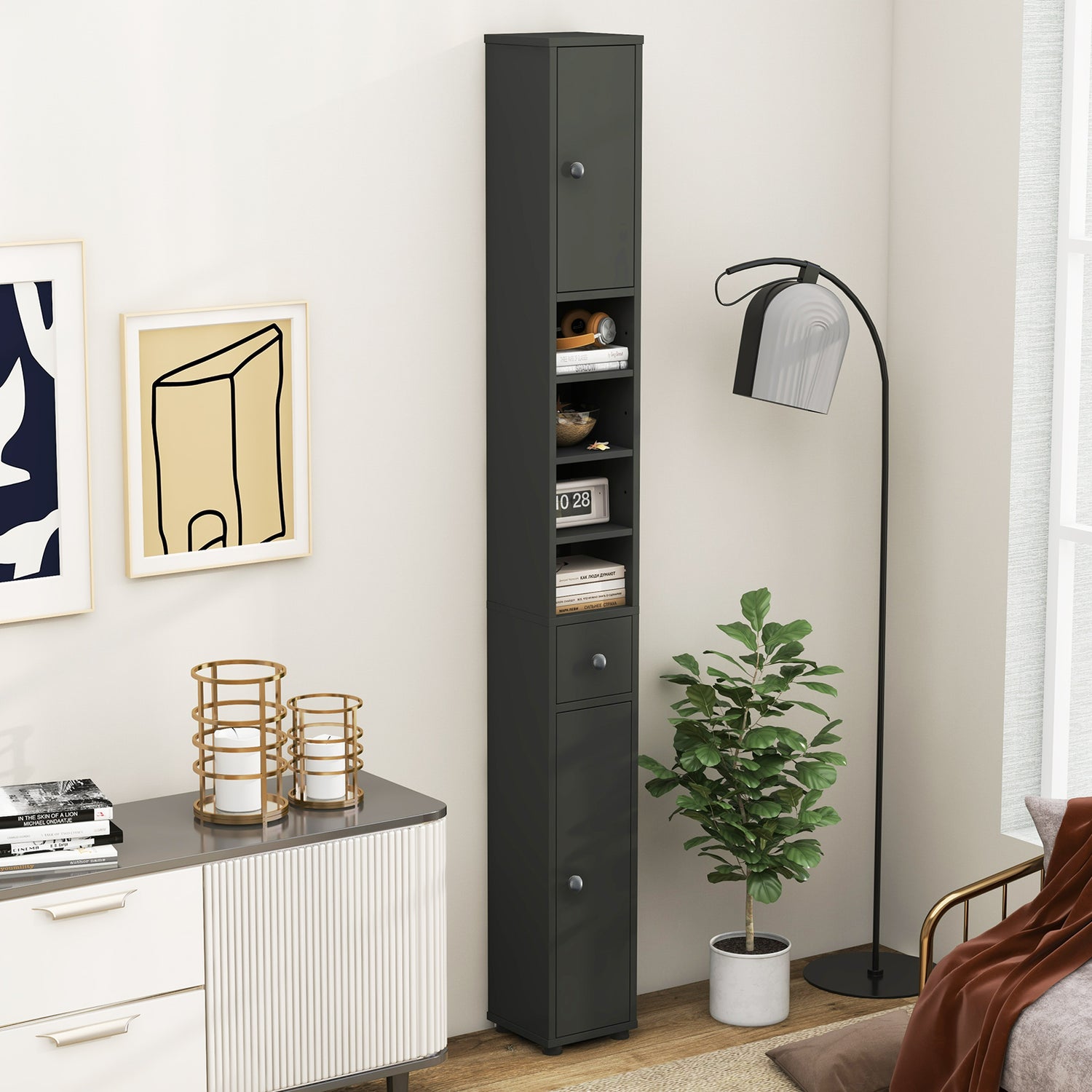 Freestanding Slim Bathroom Cabinet with Drawer and Adjustable Shelves