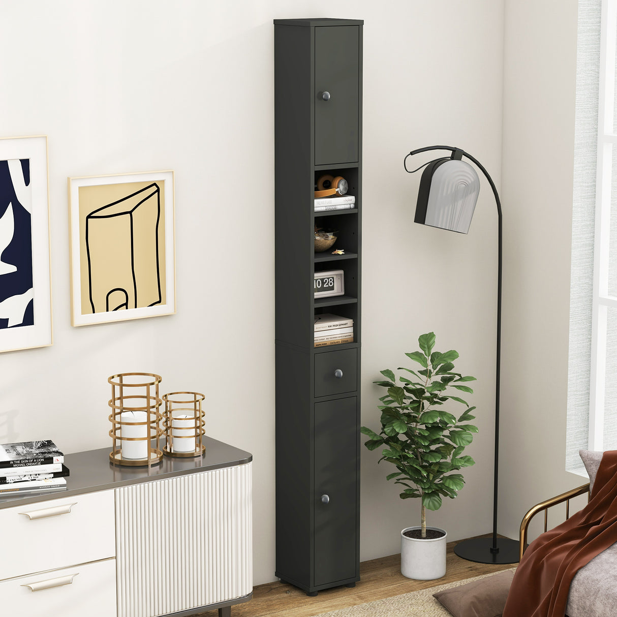 Freestanding Slim Bathroom Cabinet with Drawer and Adjustable Shelves