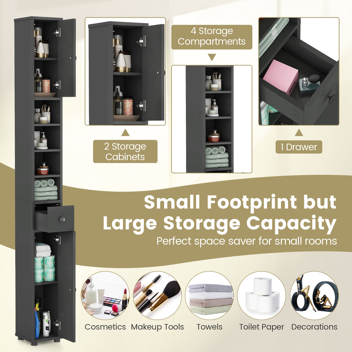 Freestanding Slim Bathroom Cabinet with Drawer and Adjustable Shelves