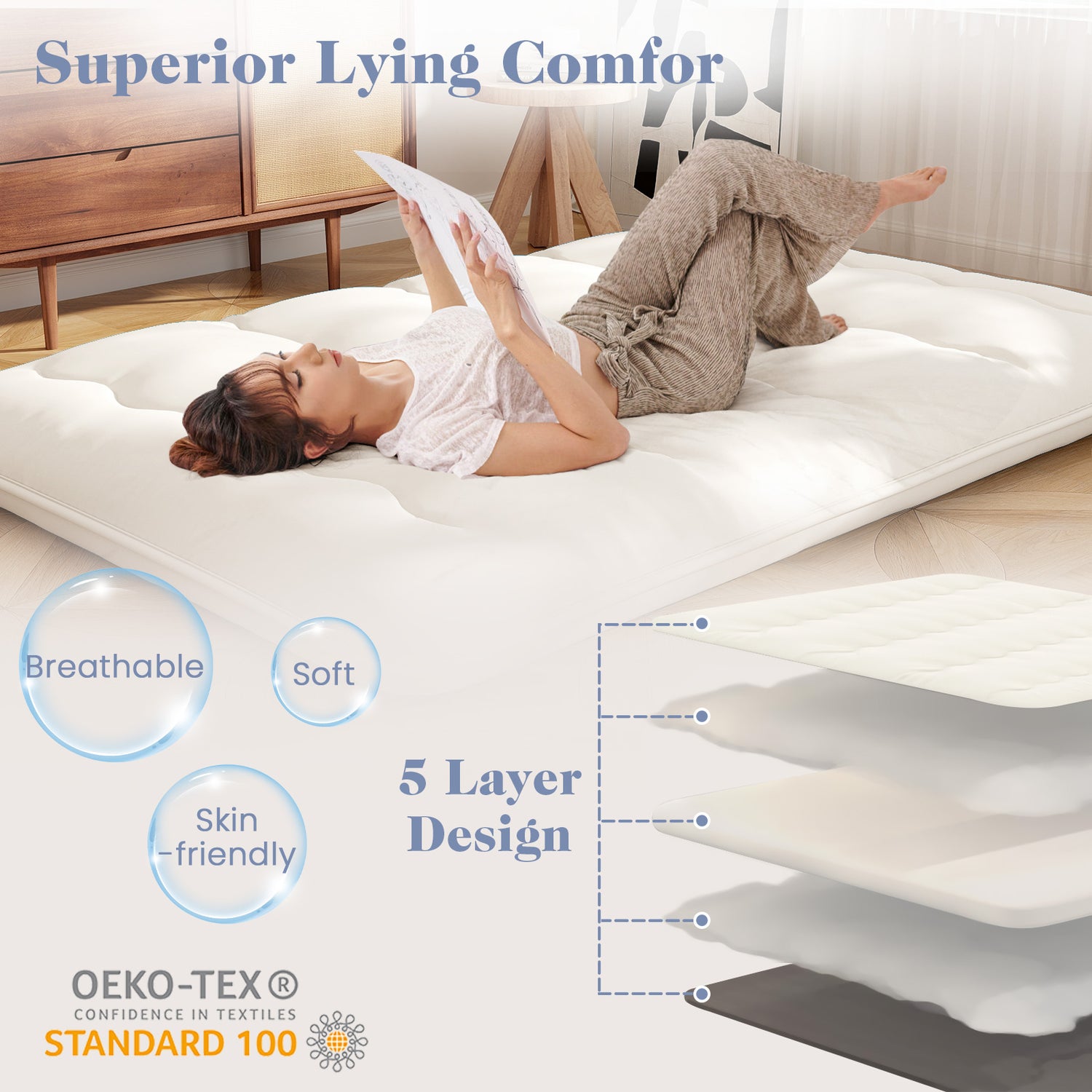 Queen/King/Twin/Full Futon Mattress Floor Sleeping Pad with Washable Cover Beige