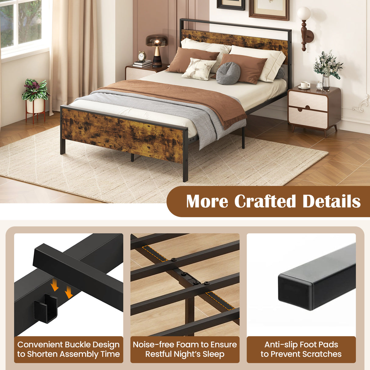 Twin Metal Bed Frame Industrial Platform Bed with Wooden Headboard