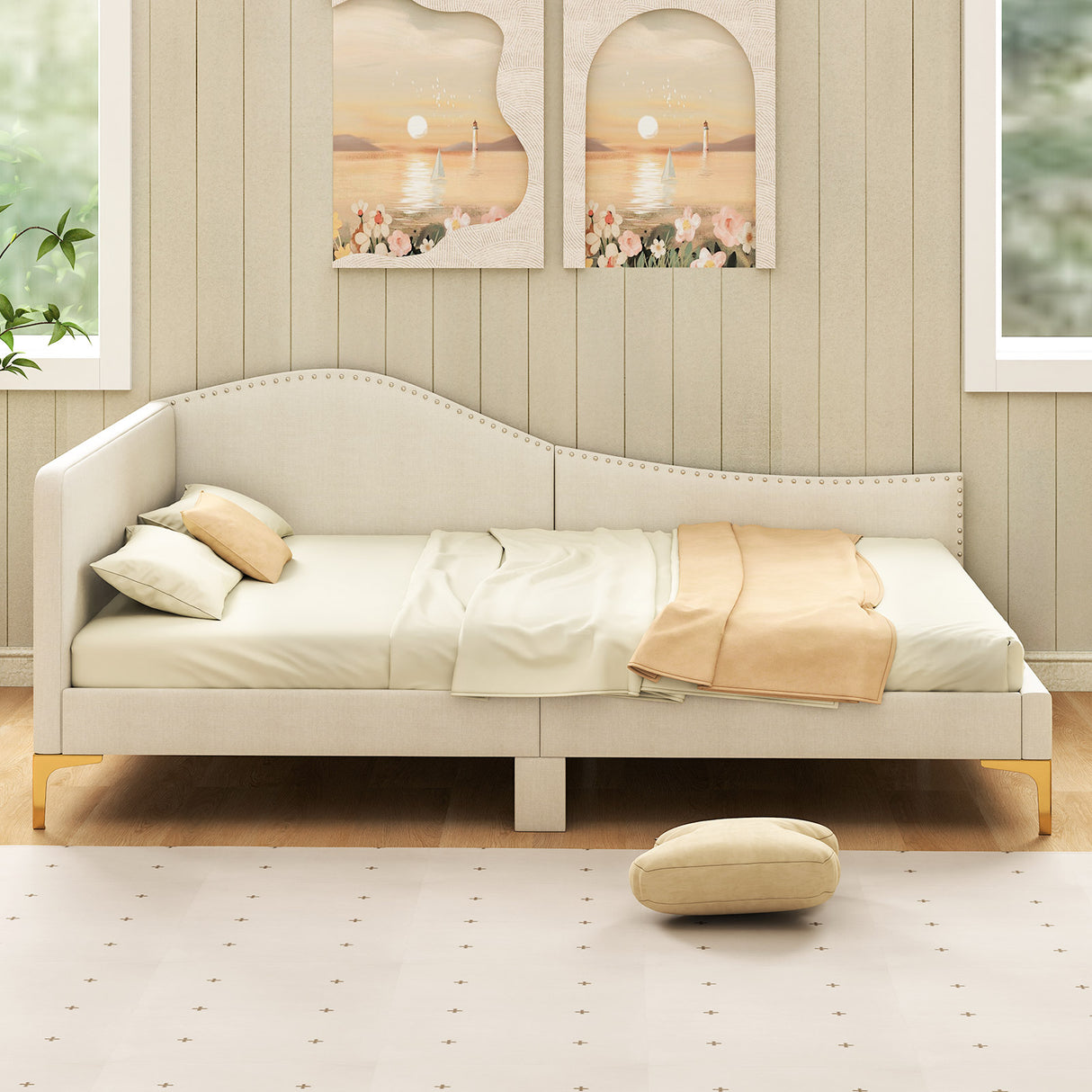 Full/Twin Size Upholstered Daybed with Metal Legs and Wood Slats