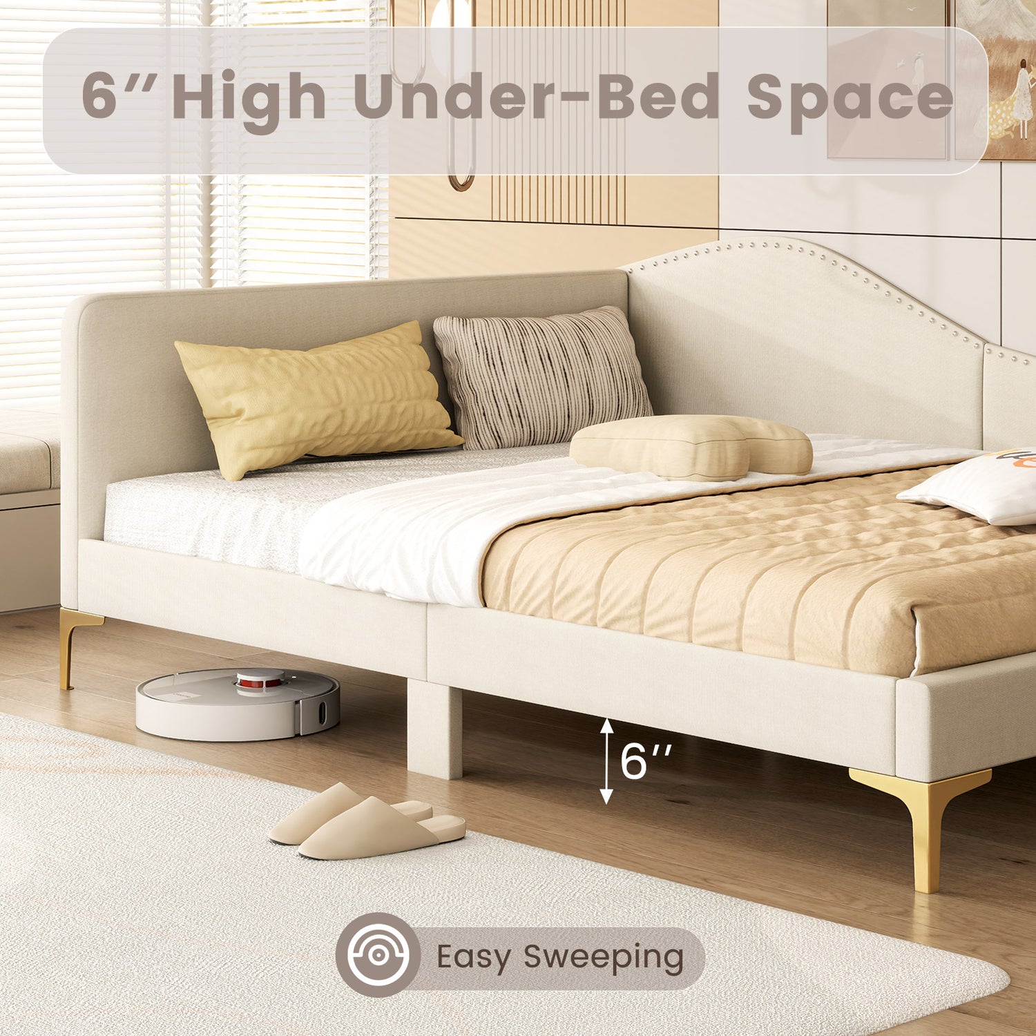 Full/Twin Size Upholstered Daybed with Metal Legs and Wood Slats