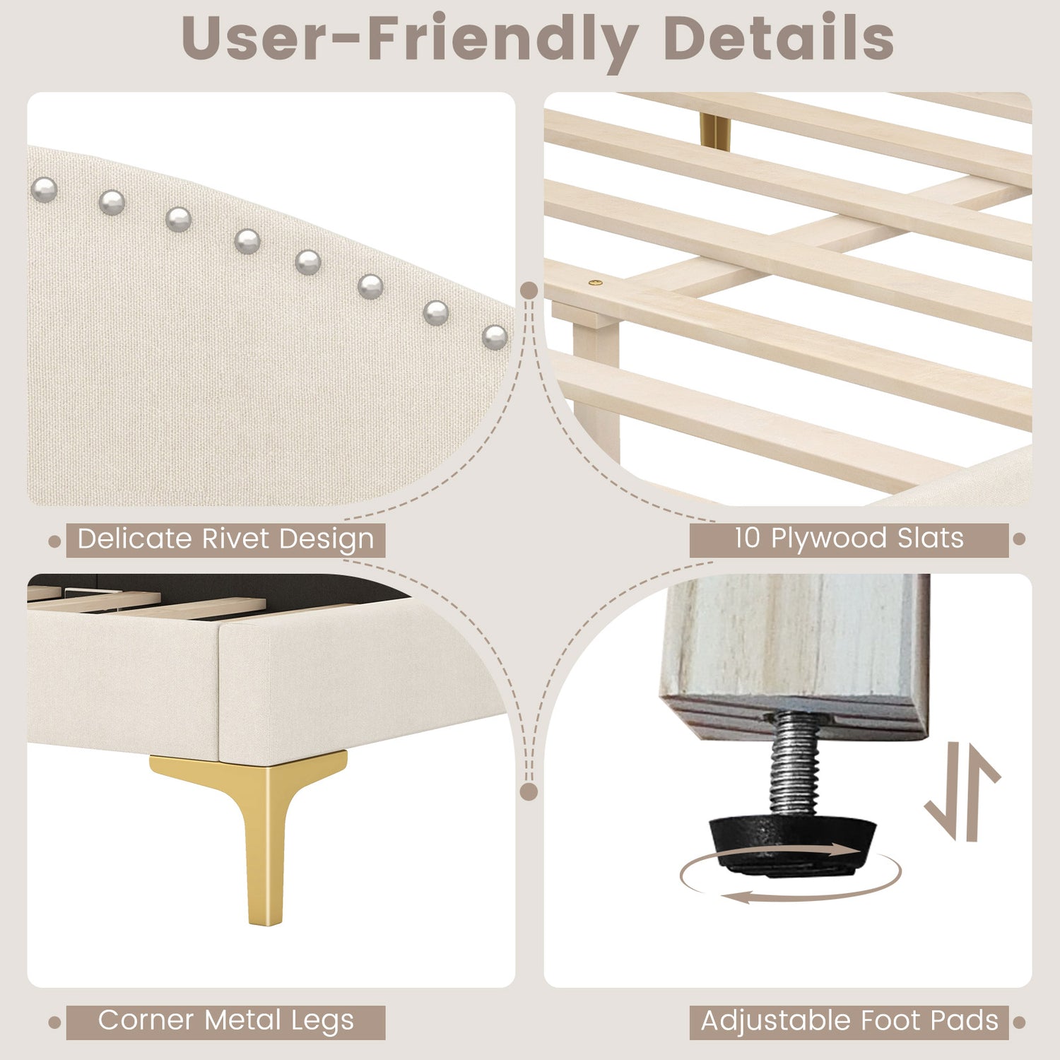 Full/Twin Size Upholstered Daybed with Metal Legs and Wood Slats