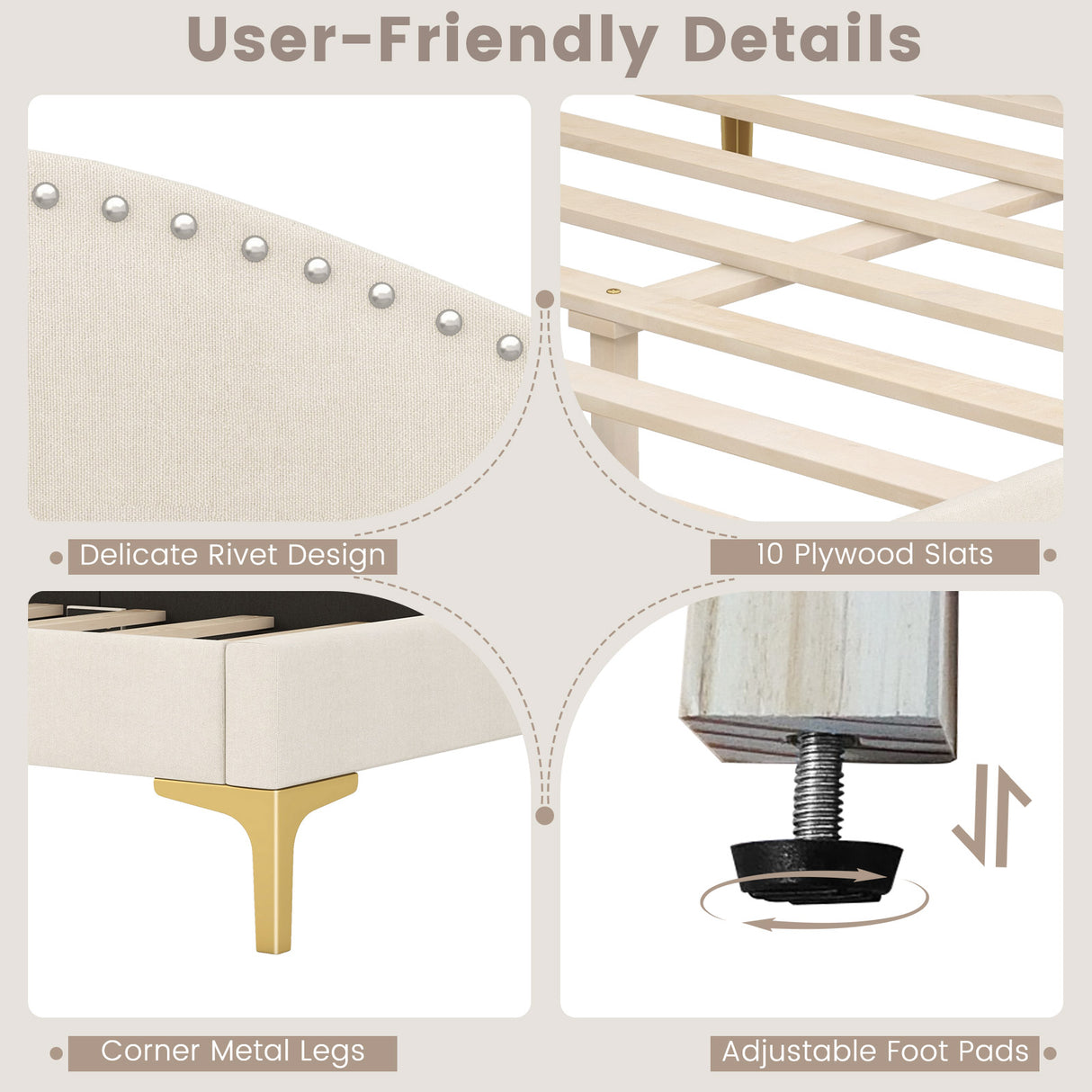 Full/Twin Size Upholstered Daybed with Metal Legs and Wood Slats