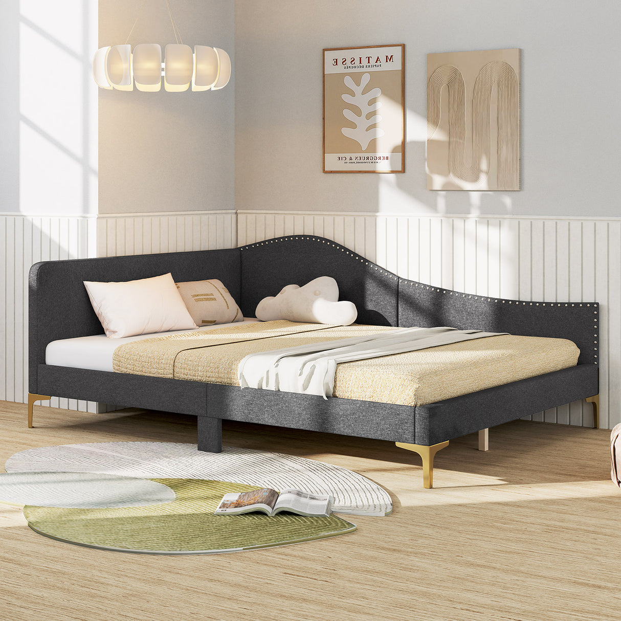 Full/Twin Size Rivet-Tufted Platform Bed with Metal Legs and Wood Slats