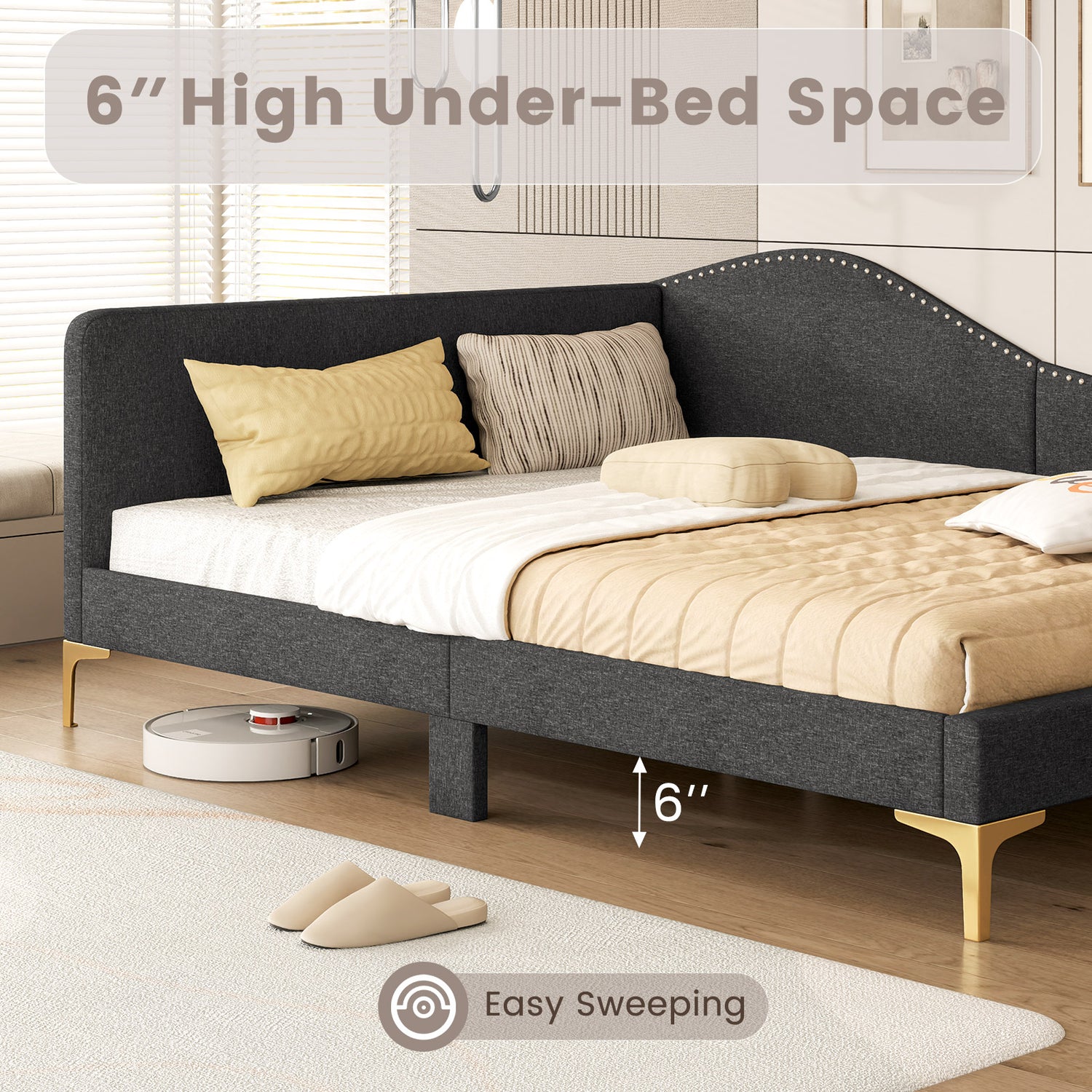 Full/Twin Size Rivet-Tufted Platform Bed with Metal Legs and Wood Slats