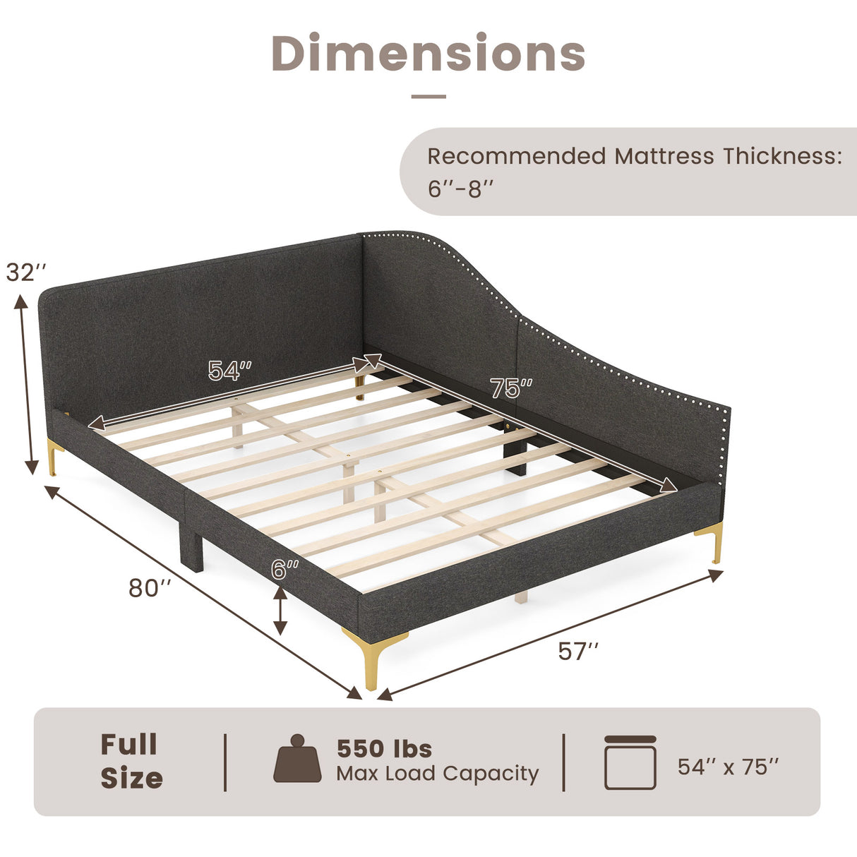 Full/Twin Size Rivet-Tufted Platform Bed with Metal Legs and Wood Slats