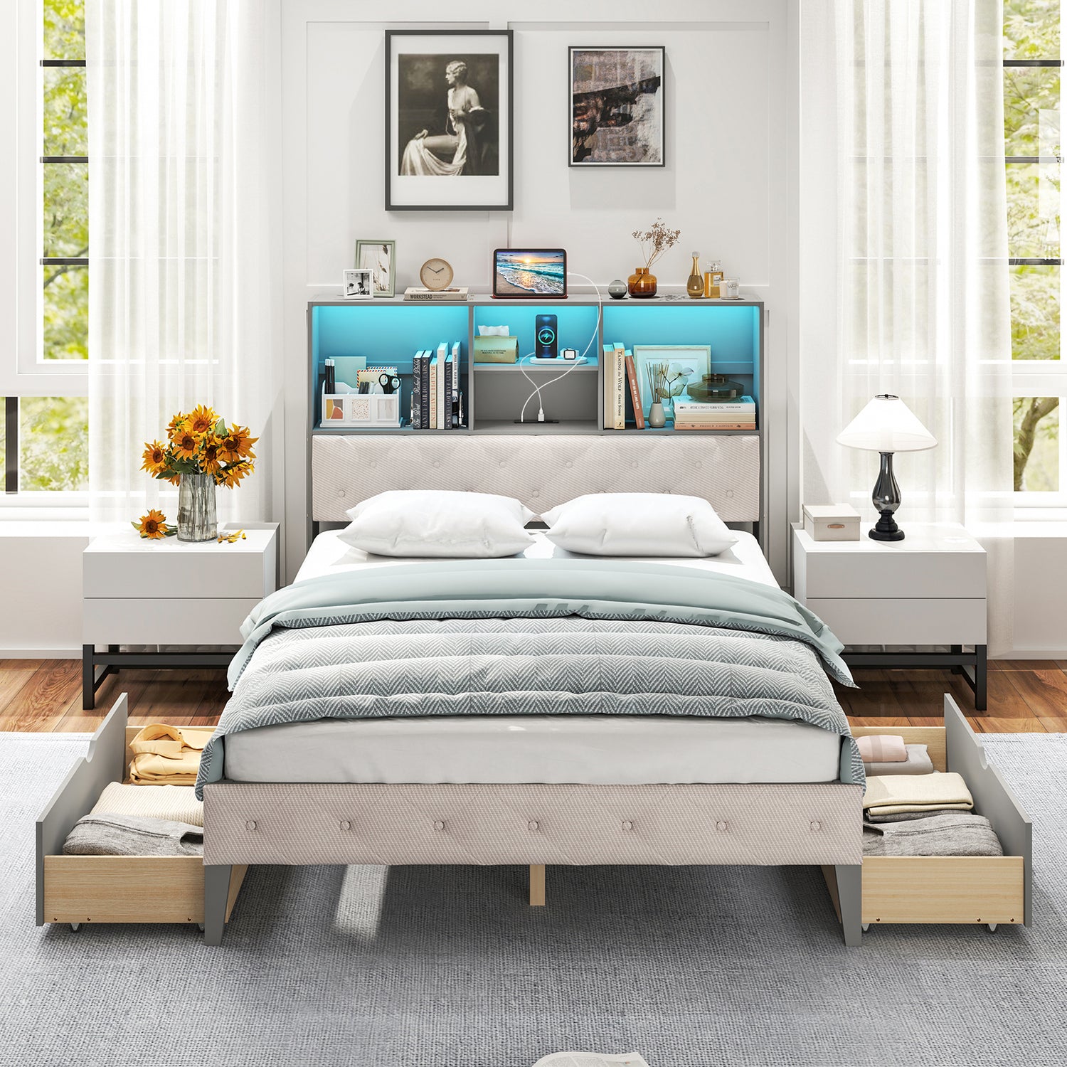 Full Size Bed Frame with Bookcase Headboard and LED Lights-Gray