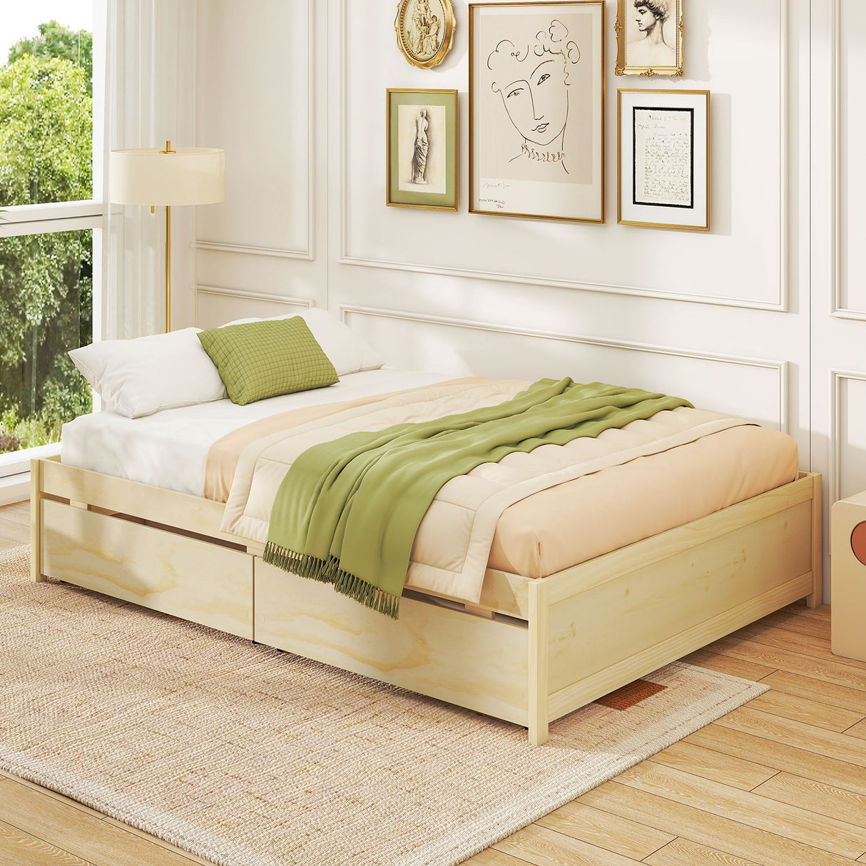 Full Size Wooden Bed Frame with 2 Rolling Storage Drawers