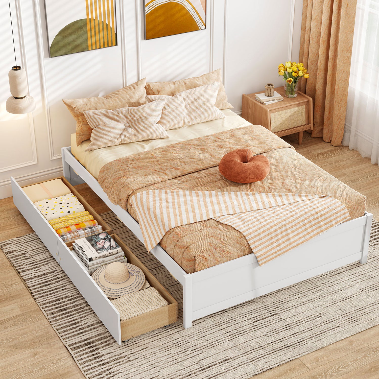 Full Size Wooden Bed Frame with 2 Rolling Storage Drawers