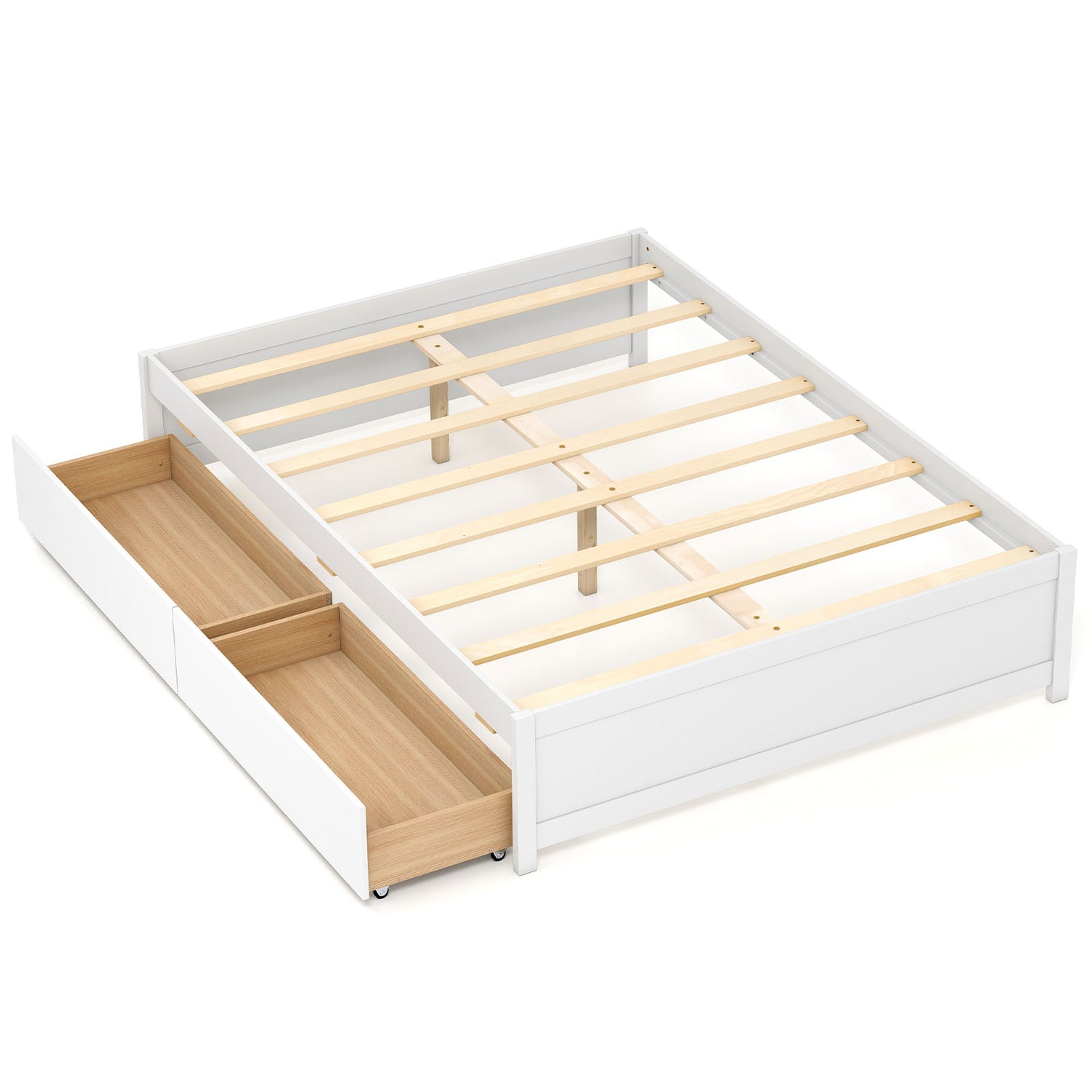 Full Size Wooden Bed Frame with 2 Rolling Storage Drawers
