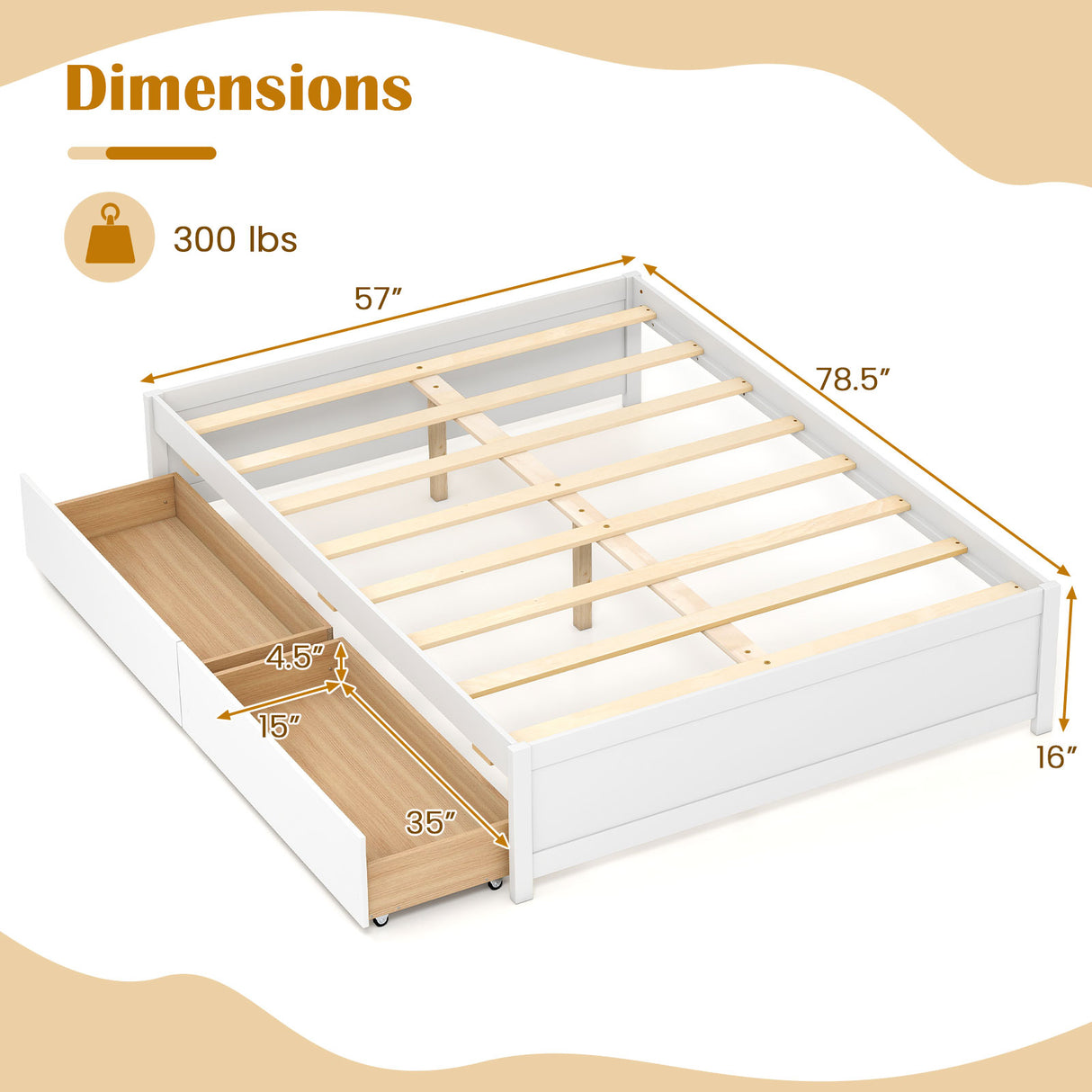 Full Size Wooden Bed Frame with 2 Rolling Storage Drawers