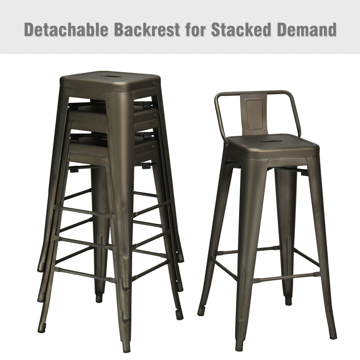 30 Inch Set of 4 Metal Counter Height Barstools with Low Back and Rubber Feet